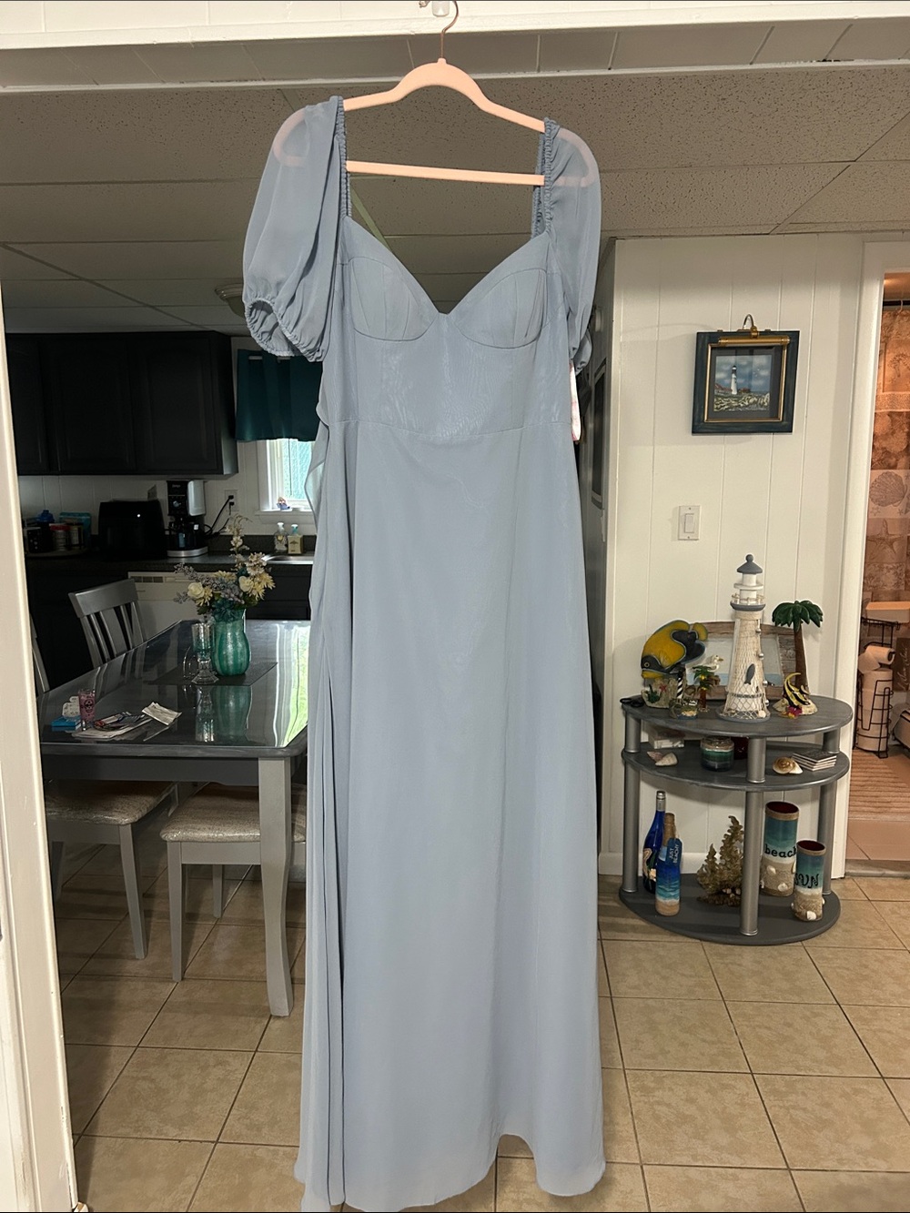 Azazie x Barbie Dusty Blue Puff Sleeve Gown